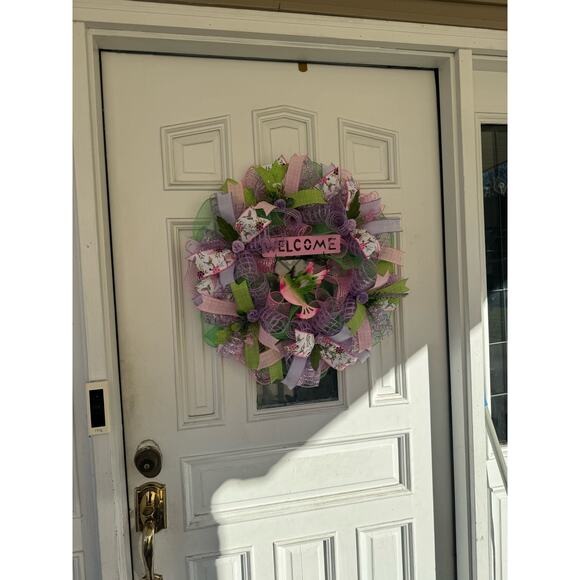 Welcome Hummingbird Mesh Ribbon Spring & Summer Wreath Door Hanger Home Decor - Picture 8 of 8